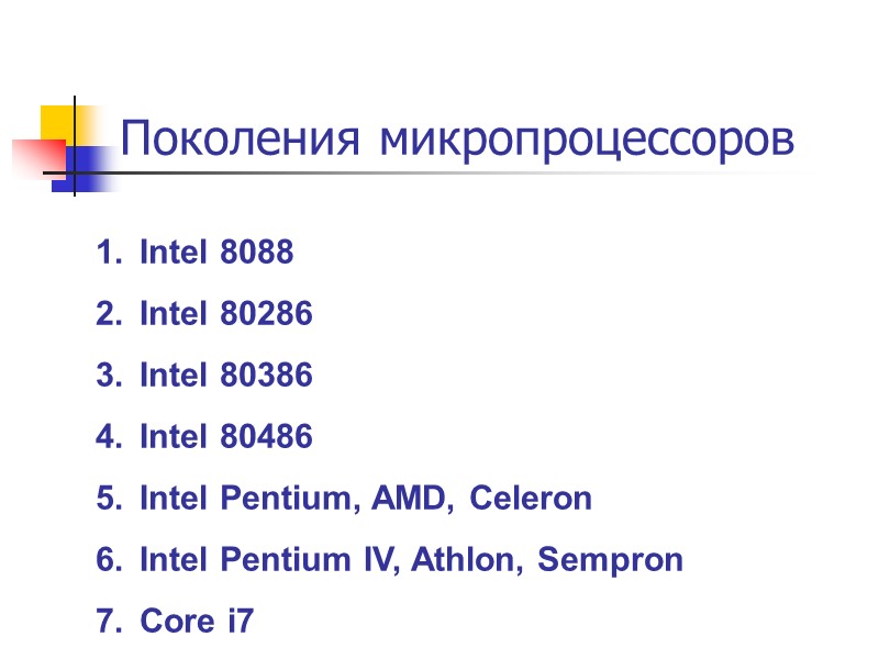 Поколения микропроцессоров Intel 8088 Intel 80286 Intel 80386 Intel 80486 Intel Pentium, AMD, Celeron